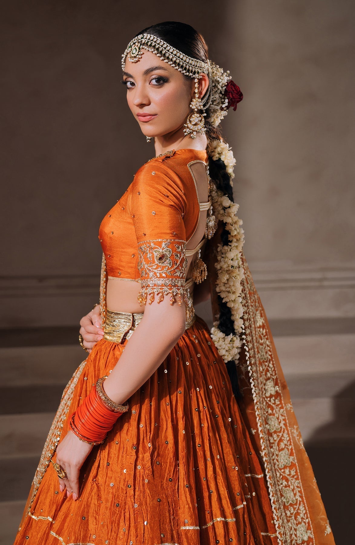 Zevk | Malika Jaan Bridals | AALAM ZAIB Custom Size Orange Tusel Silk