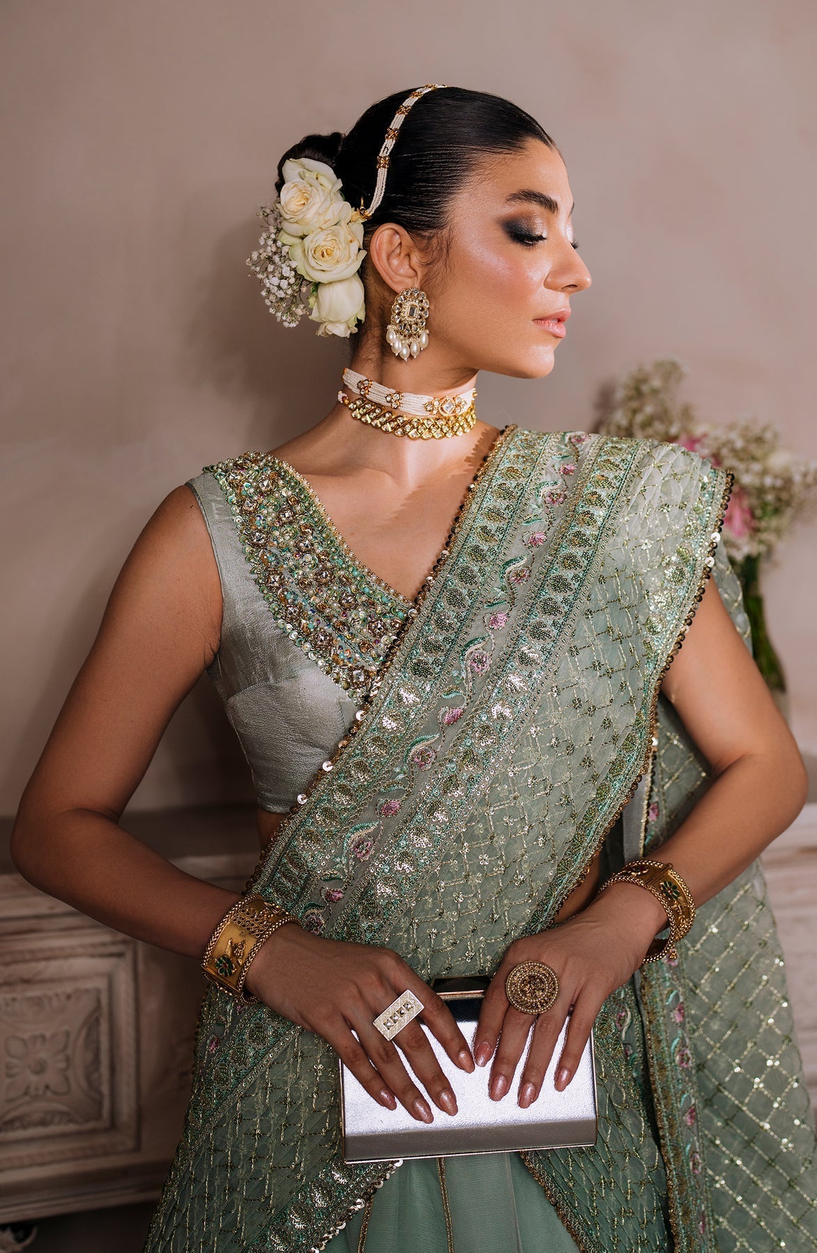 Zevk | Malika Jaan Bridals | AMEERAN M Ice Blue Tusel Silk