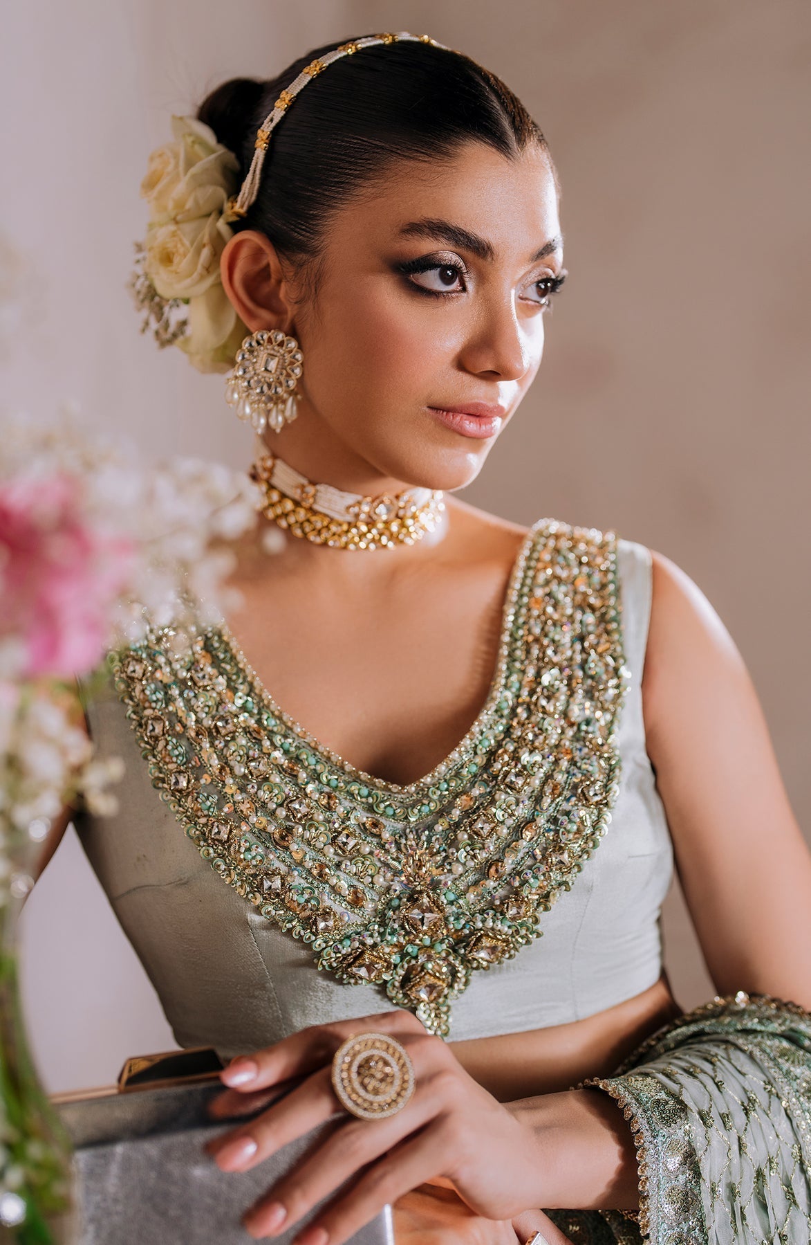 Zevk | Malika Jaan Bridals | AMEERAN XL Ice Blue Tusel Silk