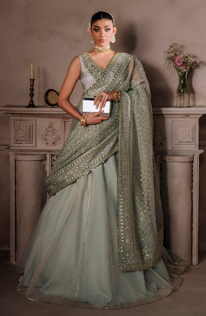Zevk | Malika Jaan Bridals | AMEERAN Custom Size Ice Blue Tusel Silk