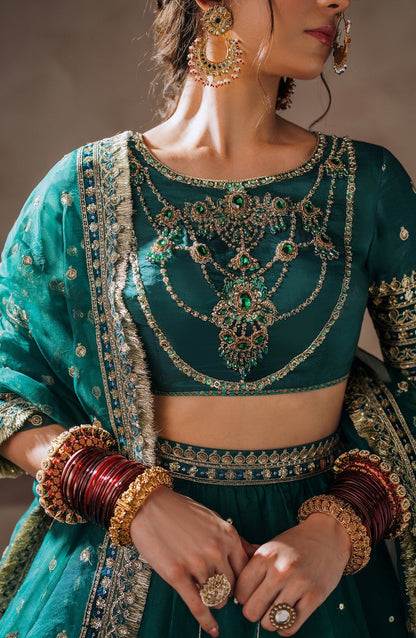 Zevk | Malika Jaan Bridals | NOOR-E-JAAN Custom Size Sea Green Tusel Silk