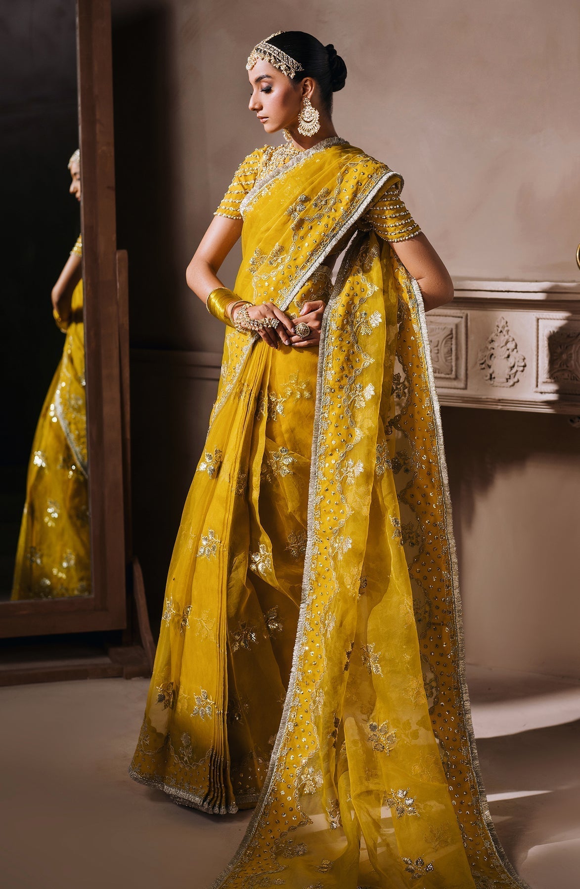 Zevk | Malika Jaan Bridals | MARJAAN Custom Size Yellow Tusel Silk