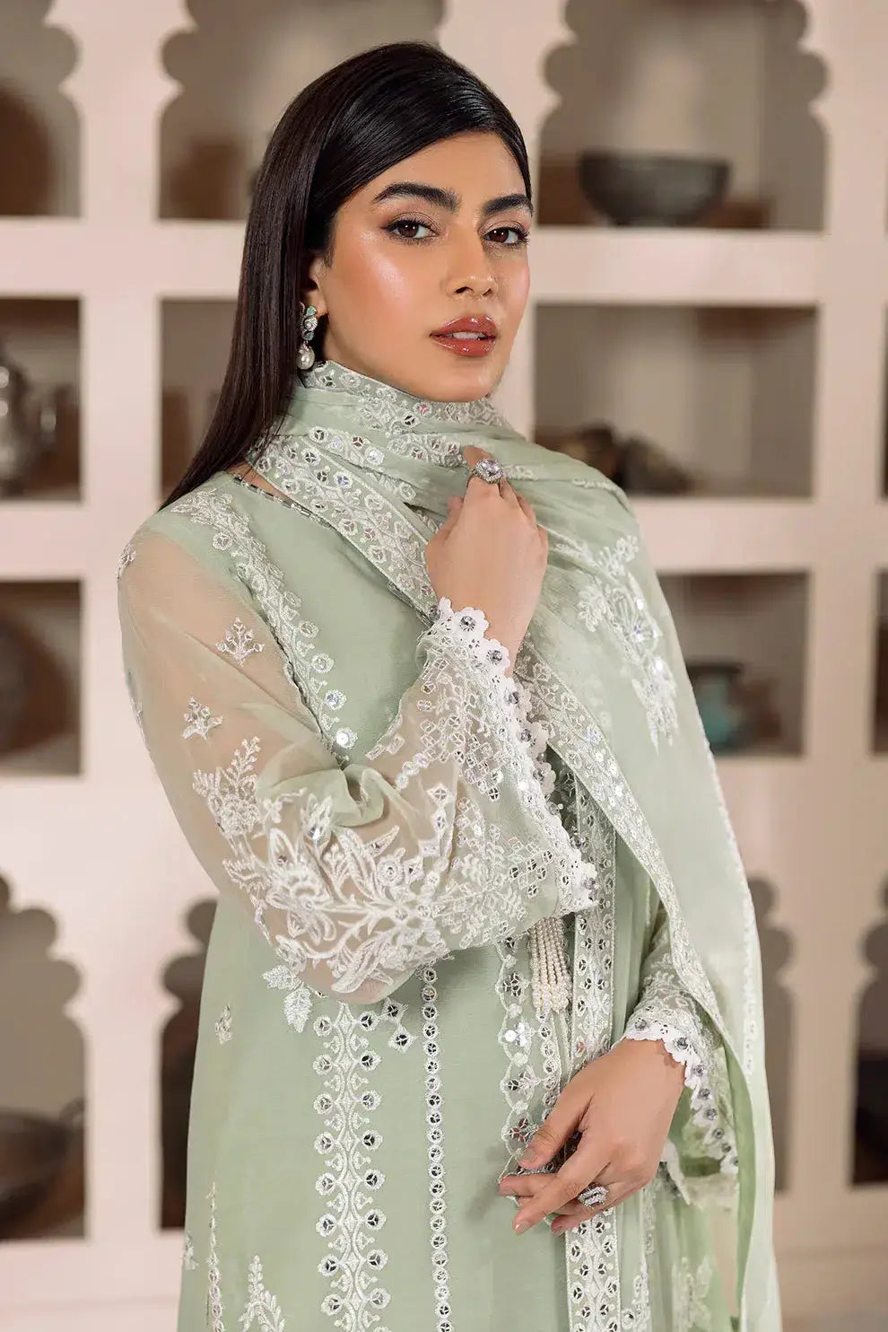 Alizeh | Dua Formals 23 | DUA-V01D04A- MEHRUNISA ( PISTA ) - Pakistani Designer Dress - by Alizeh | Type: Formal - 100% Original at Saira Sultan