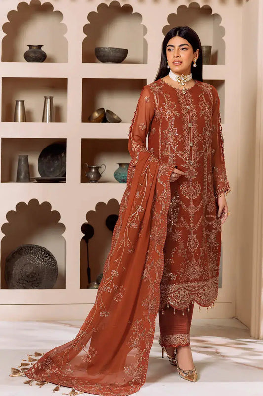 Alizeh | Dua Formals 23 | DUA-V01D02A- LYRA ( RUST ) - Pakistani Designer Dress - by Alizeh | Type: Formal - 100% Original at Saira Sultan