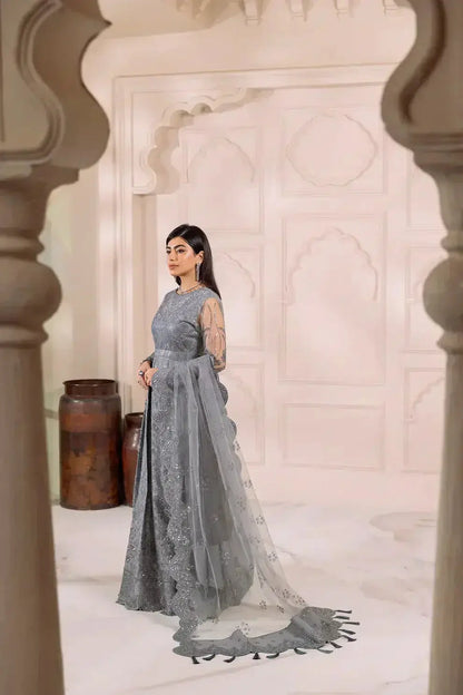 Alizeh | Dua Formals 23 | DUA-V01D01B- KHIRAD ( GREY ) - Pakistani Designer Dress - by Alizeh | Type: Formal - 100% Original at Saira Sultan