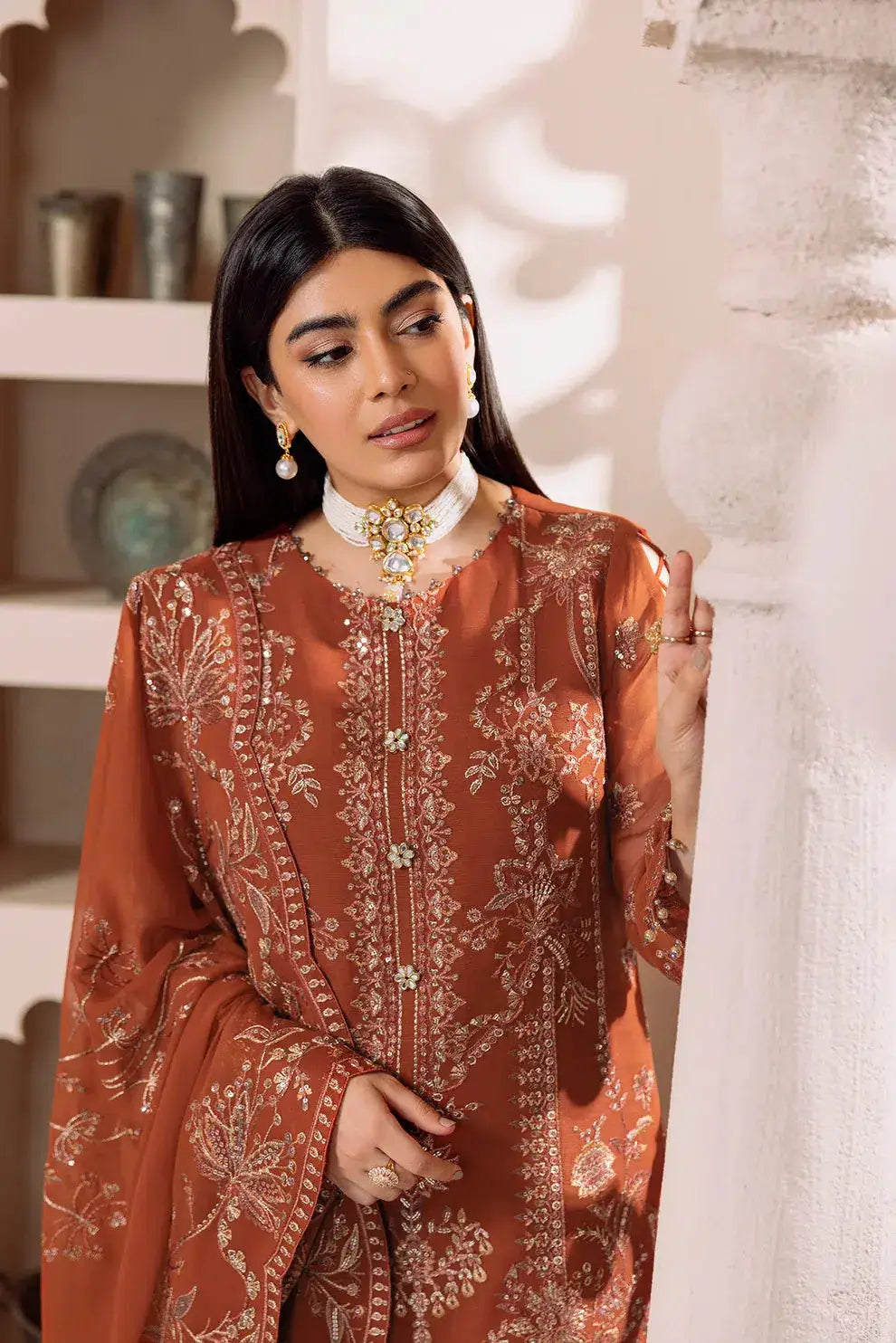 Alizeh | Dua Formals 23 | DUA-V01D02A- LYRA ( RUST ) - Pakistani Designer Dress - by Alizeh | Type: Formal - 100% Original at Saira Sultan