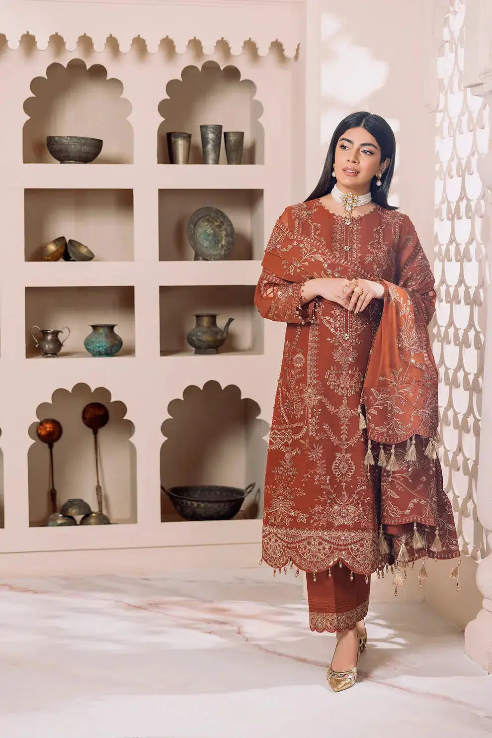 Alizeh | Dua Formals 23 | DUA-V01D02A- LYRA ( RUST ) - Pakistani Designer Dress - by Alizeh | Type: Formal - 100% Original at Saira Sultan