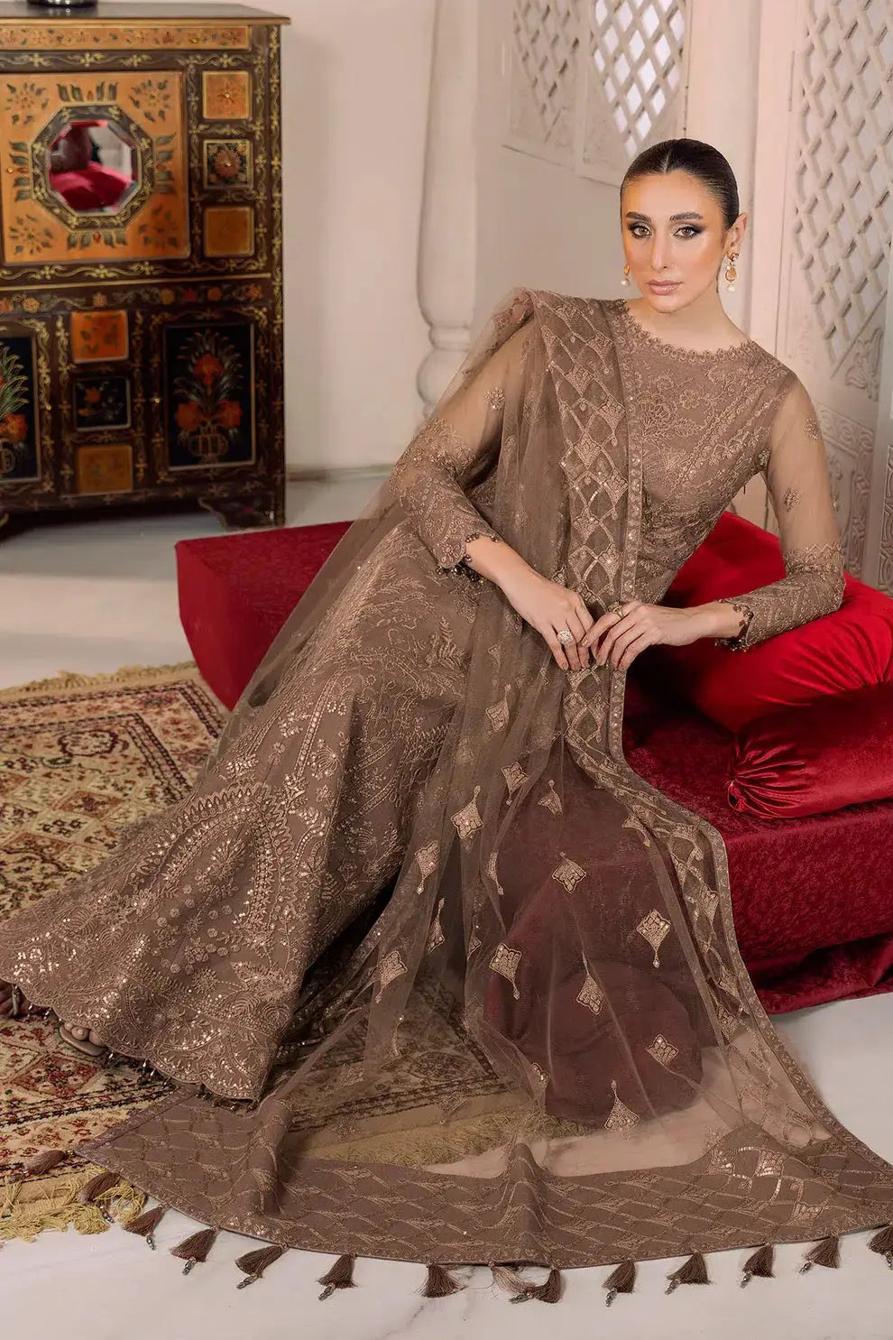 Alizeh | Dua Formals 23 | DUA-V01D05B- RYAN ( BEIGE ) - Pakistani Designer Dress - by Alizeh | Type: Formal - 100% Original at Saira Sultan