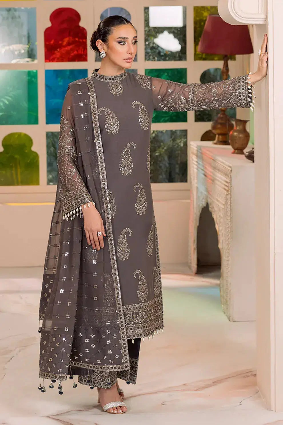 Alizeh | Dua Formals 23 | DUA-V01D06B- AMAYA ( GREY ) - Pakistani Designer Dress - by Alizeh | Type: Formal - 100% Original at Saira Sultan