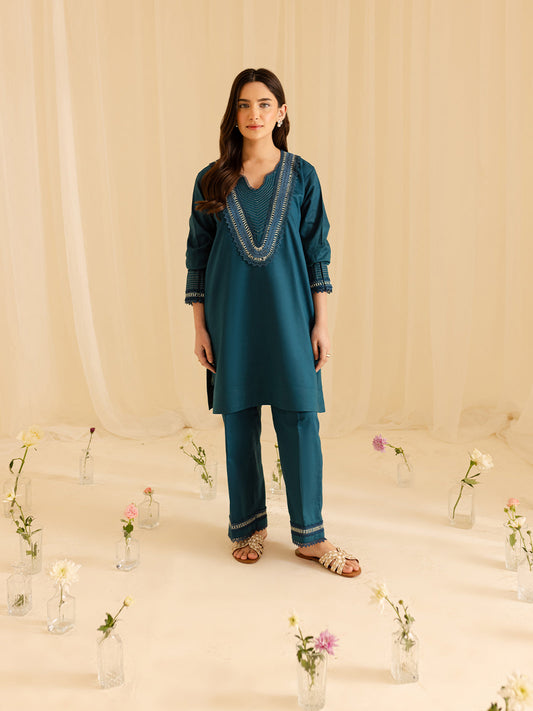Mahnur | Petal Whispers Lawn Pret | Asteria XS Dark Teal Lawn