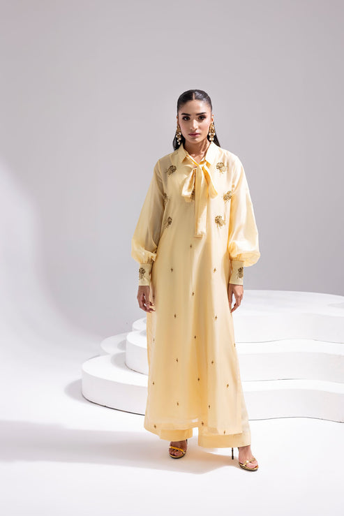 Amani | Aira Festive Wear | ALARA- Hand Embellished Butter Silk Shirt with Wide-Leg Trousers - Pakistani Designer Dress - by Amani - Type : Ladies Clothes - 100% Original at Saira Sultan