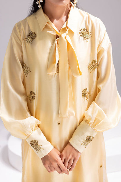 Amani | Aira Festive Wear | ALARA- Hand Embellished Butter Silk Shirt with Wide-Leg Trousers - Pakistani Designer Dress - by Amani - Type : Ladies Clothes - 100% Original at Saira Sultan