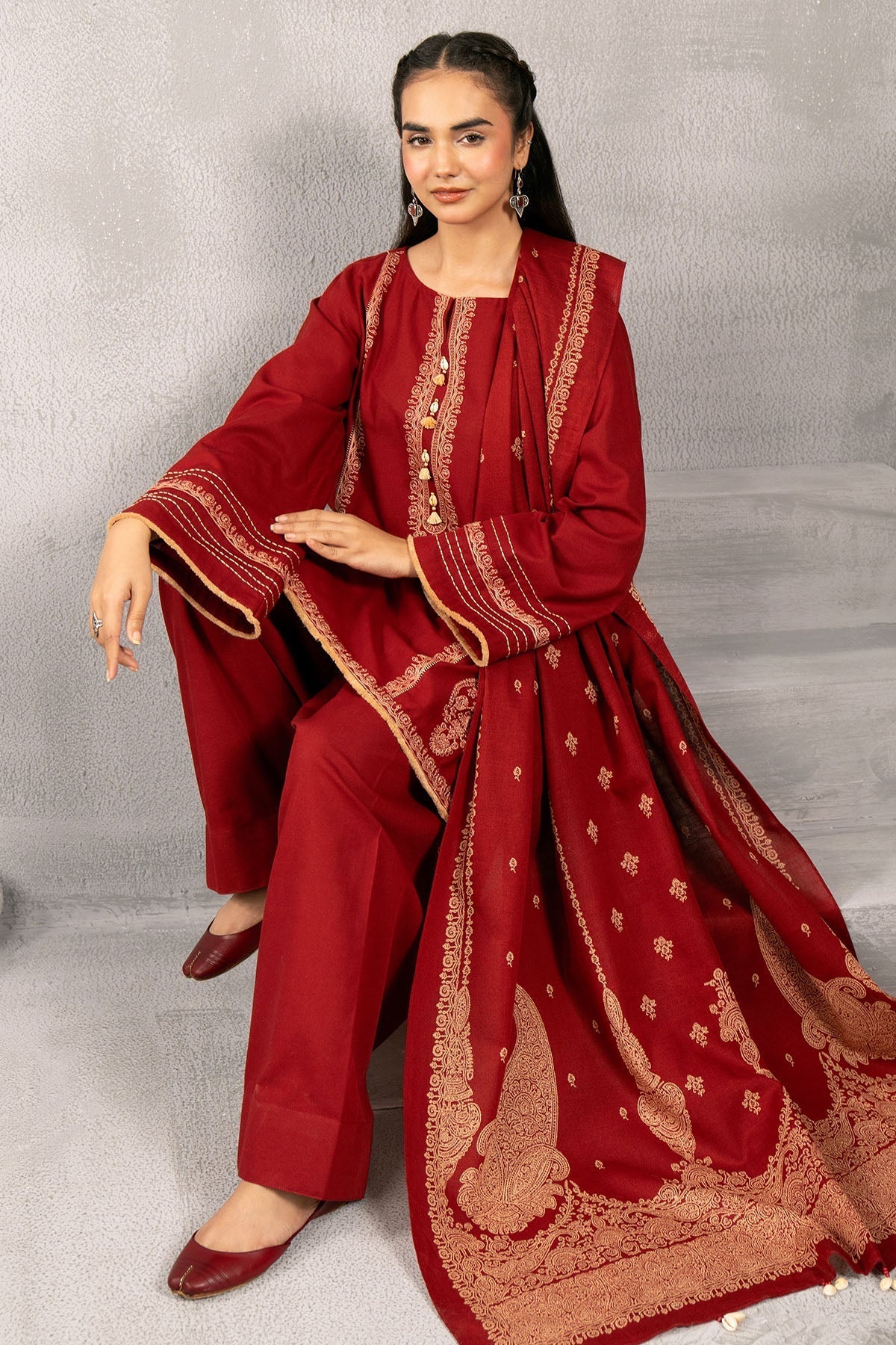 Kayseria | Winter Khaddar 24 | C6068-1 XL Red Slub Khaddar