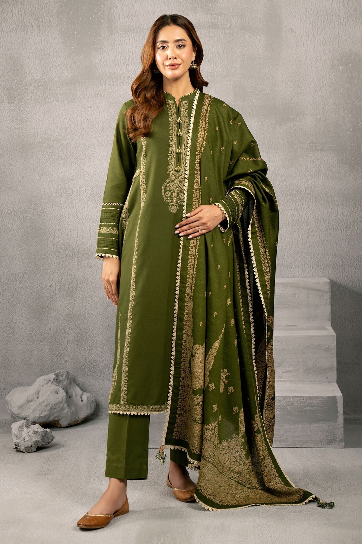Kayseria | Winter Khaddar 24 | C6068-2 XS Olive Green Slub Khaddar
