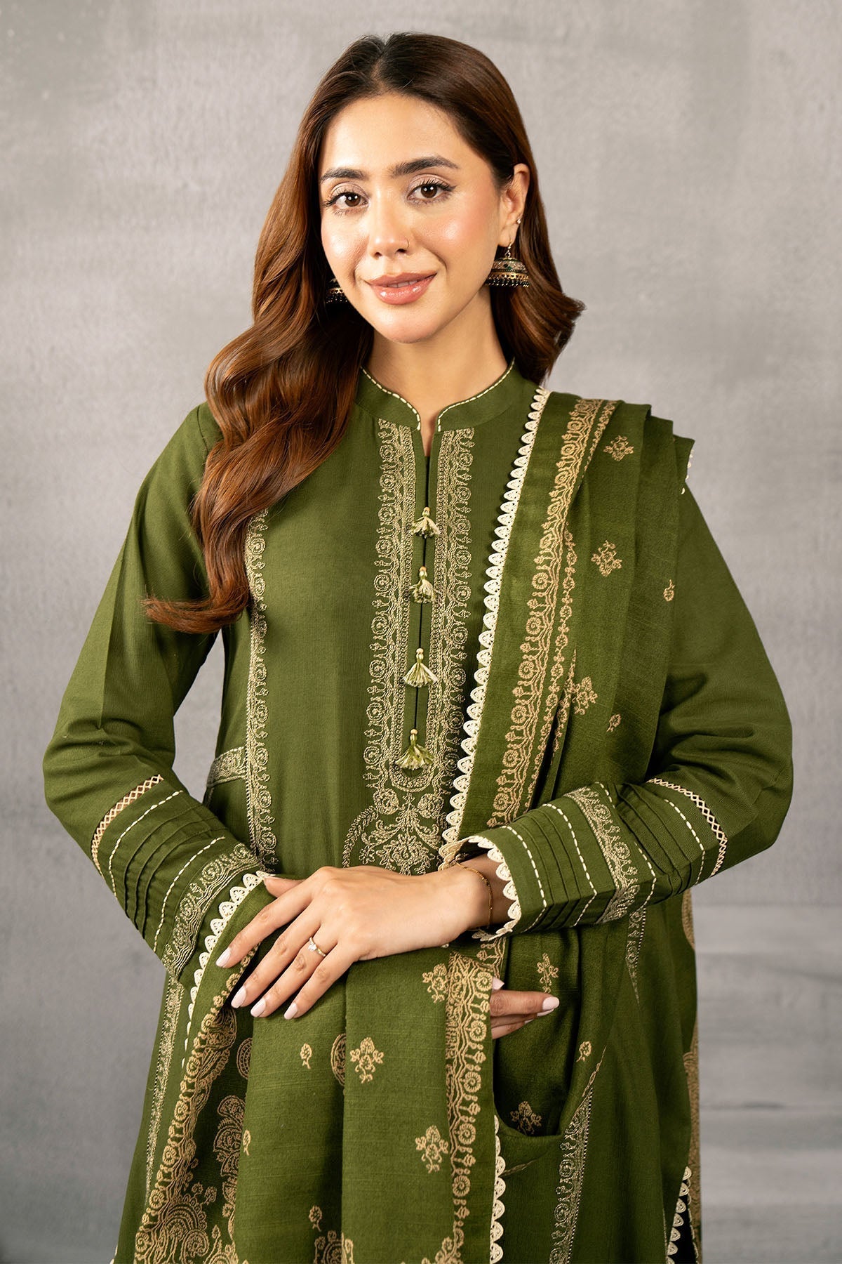 Kayseria | Winter Khaddar 24 | C6068-2 L Olive Green Slub Khaddar