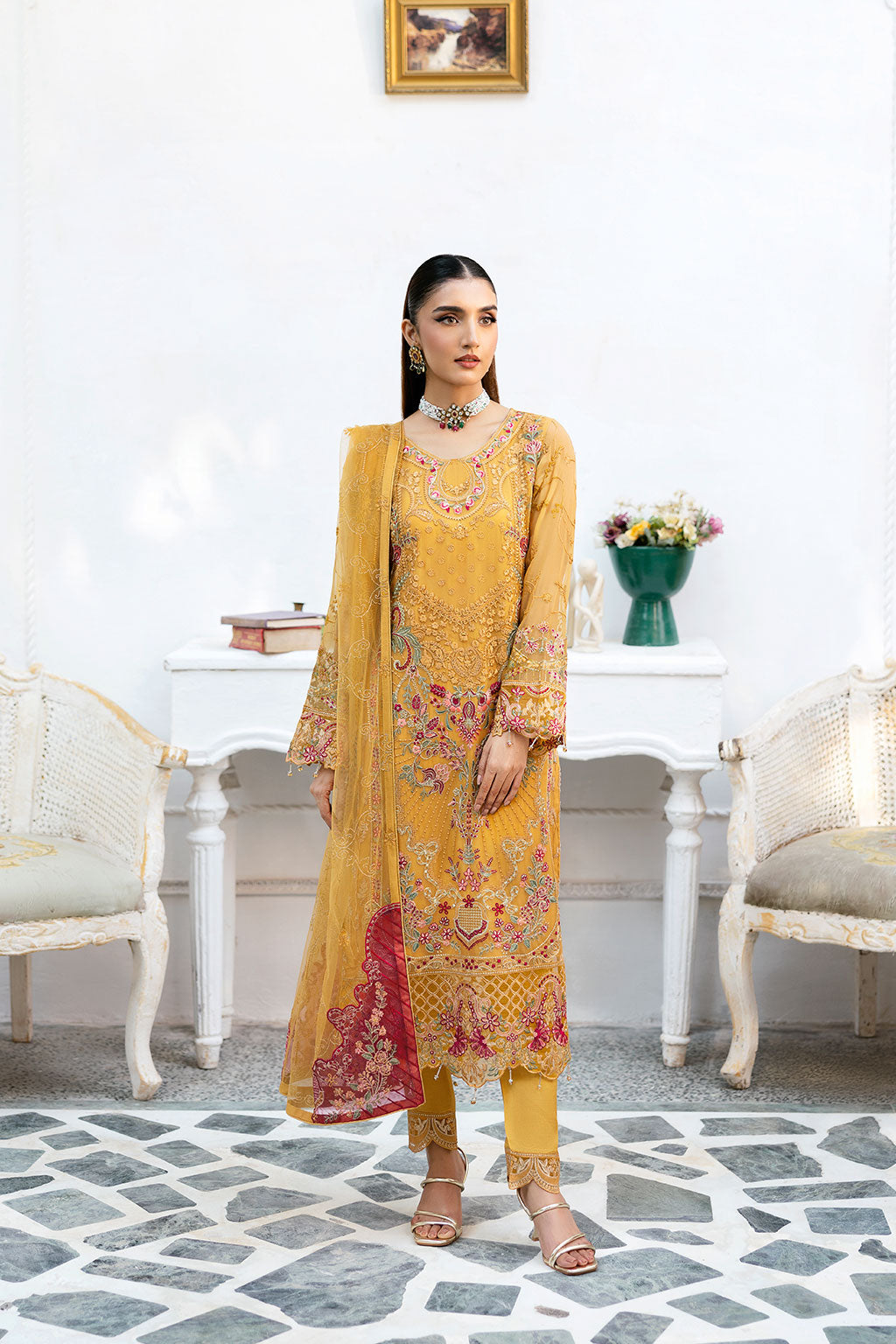 Ramsha | Chevron Chiffon Collection | A-1004 XS Mustard Yellow Chiffon