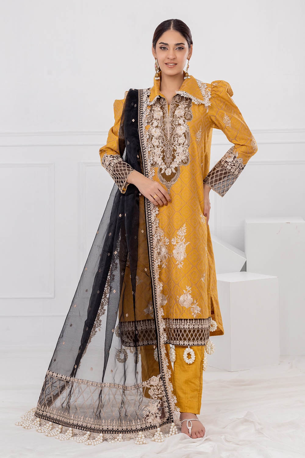 Gul Ahmed | Festive Eid 25 | FE-52001 XS Mustard Yellow Raw Silk