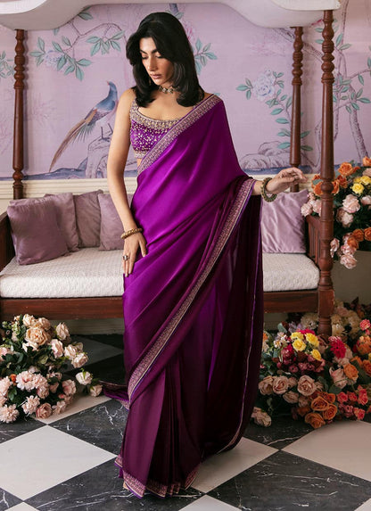 Farah Talib Aziz | Mayna Festive Luxe | AIGUL AUBERGINE SAREE - Pakistani Designer Dress - by Farah Talib Aziz | Type: Bridal - 100% Original at Saira Sultan