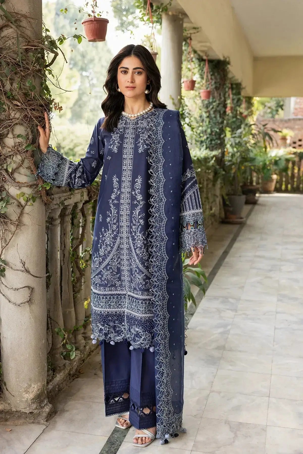 Farasha | Bahaar Embroidered Lawn | Blue Ochre - Pakistani Designer Dress - by Farasha | Type: Luxury - 100% Original at Saira Sultan