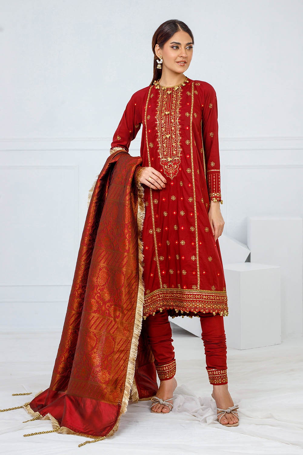 Gul Ahmed | Festive Eid 25 | FE-52075 XS Haute Red Raw Silk