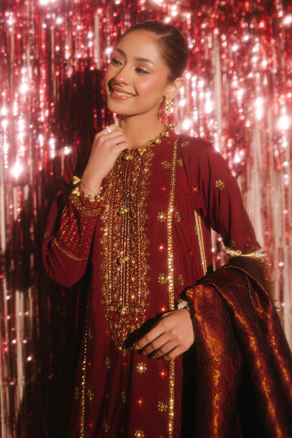 Gul Ahmed | Festive Eid 25 | FE-52075 XL Haute Red Raw Silk