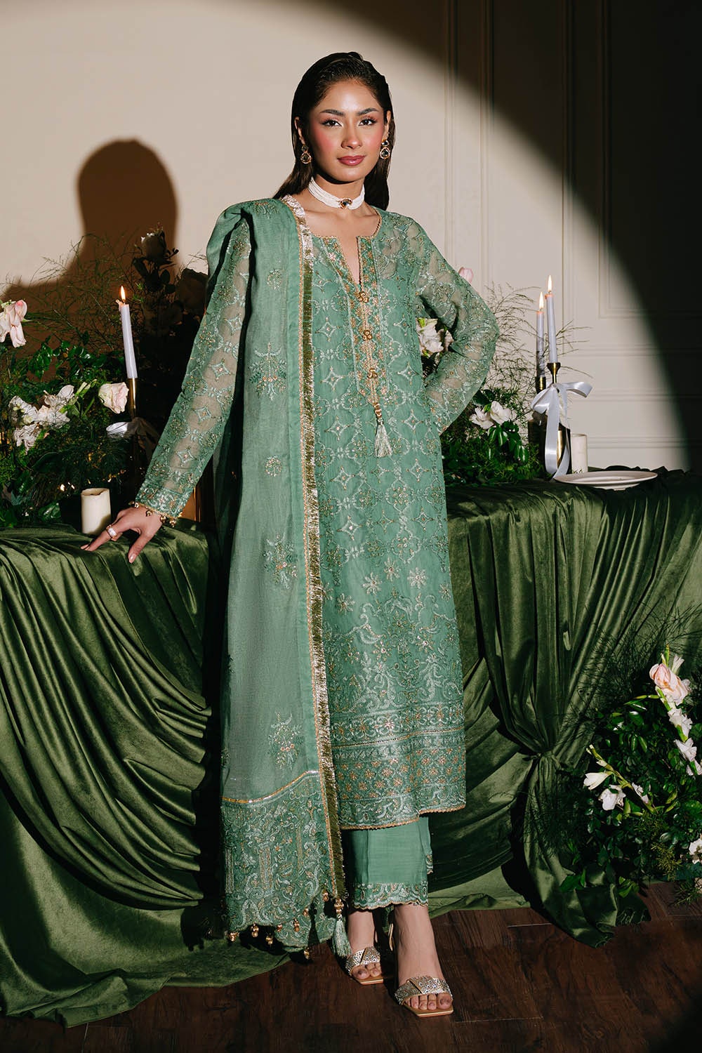 Gul Ahmed | Festive Eid 25 | FE-52088 XL Sage Green Cotton Net
