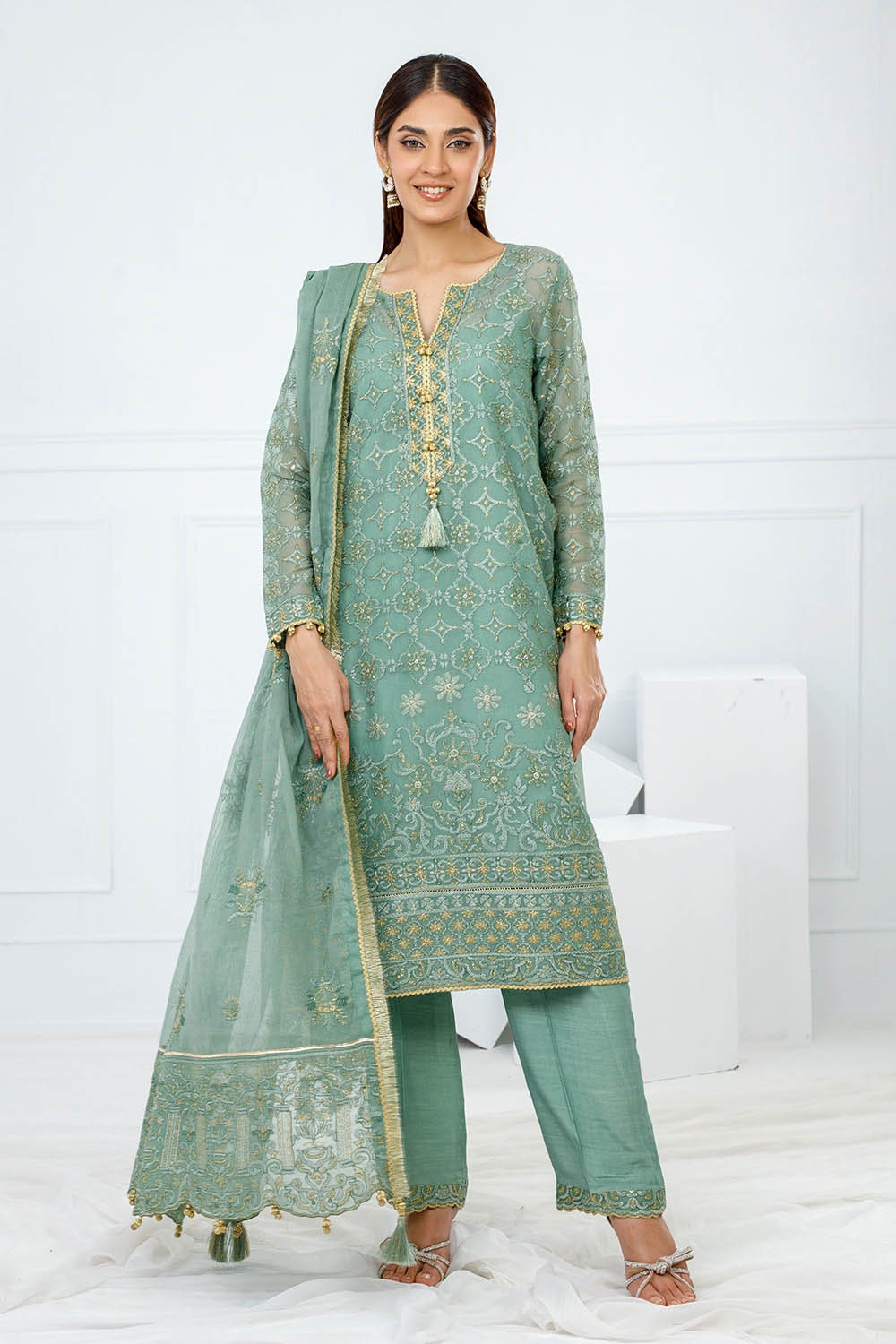 Gul Ahmed | Festive Eid 25 | FE-52088 XS Sage Green Cotton Net