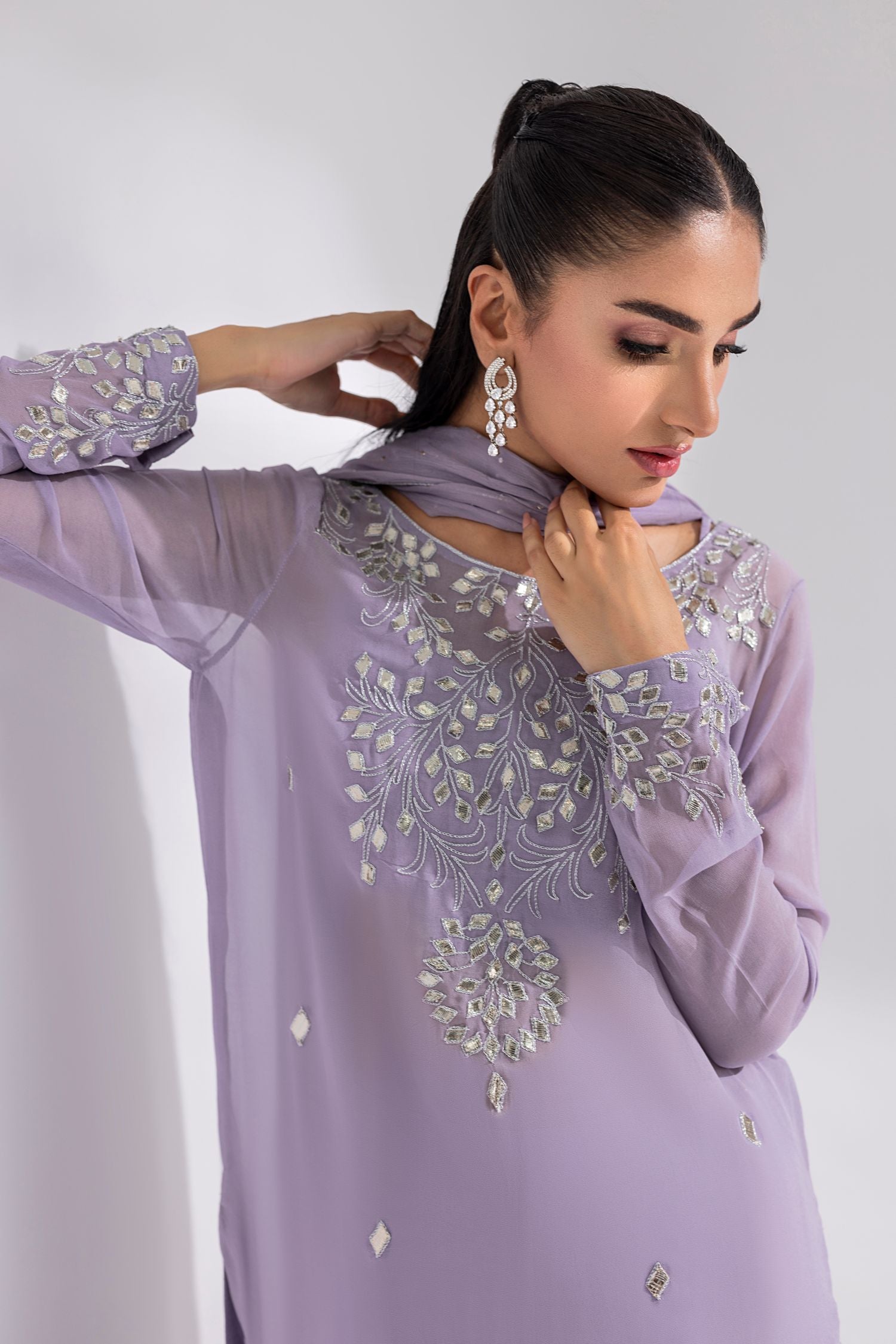 Amani | Aira Festive Wear | ZARIN Gota Embellished Georgette Shirt with Wide-Leg Pants & Mukesh Dupatta - Pakistani Designer Dress - by Amani - Type : Ladies Clothes - 100% Original at Saira Sultan