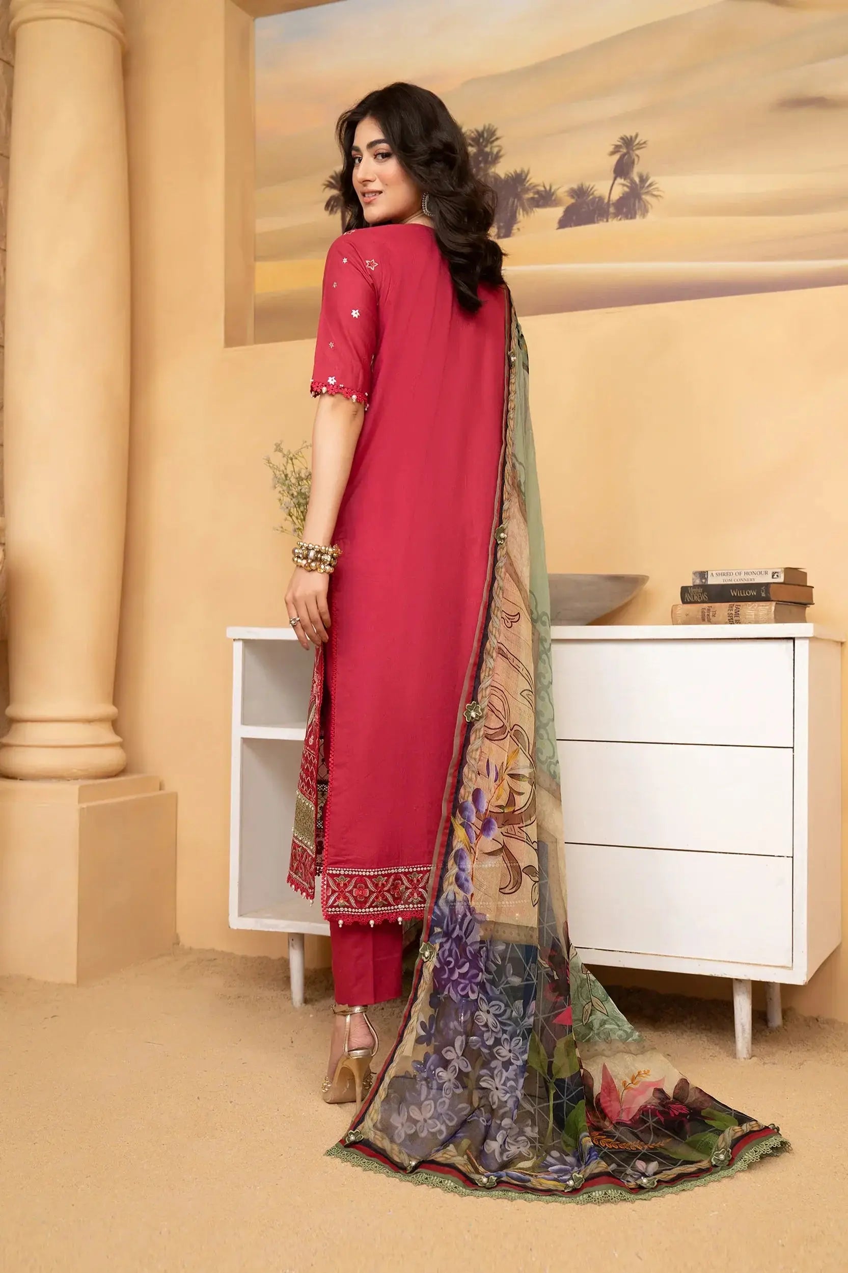 Hemstitch | Summer Luxury Lawn 24 | Scarlet Red - Pakistani Designer Dress - by Hemstitch | Type: Luxury - 100% Original at Saira Sultan