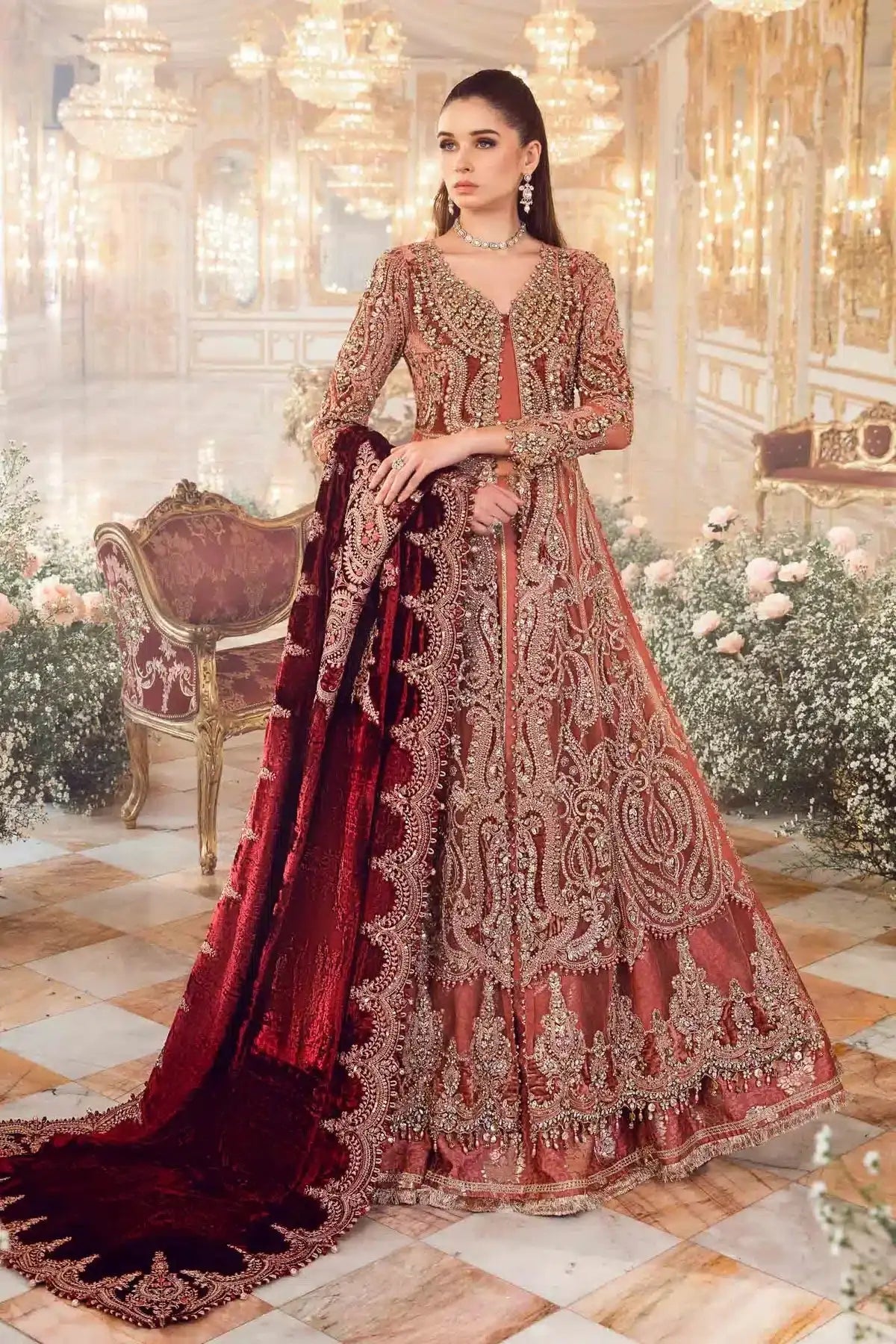 Maria B | Mbroidered Wedding Edition 23 | Salmon Pink BD-2701 - Pakistani Designer Dress - by Maria B | Type: Bridal - 100% Original at Saira Sultan