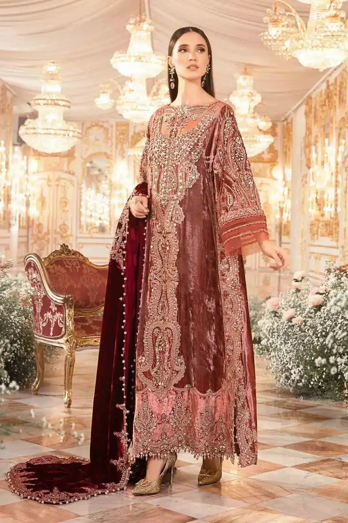 Maria B | Mbroidered Wedding Edition 23 | Salmon Pink BD-2701 - Pakistani Designer Dress - by Maria B | Type: Bridal - 100% Original at Saira Sultan