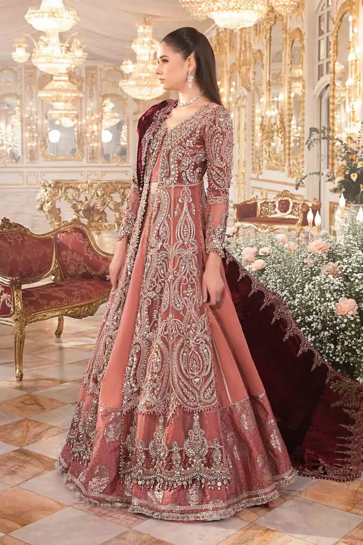 Maria B | Mbroidered Wedding Edition 23 | Salmon Pink BD-2701 - Pakistani Designer Dress - by Maria B | Type: Bridal - 100% Original at Saira Sultan