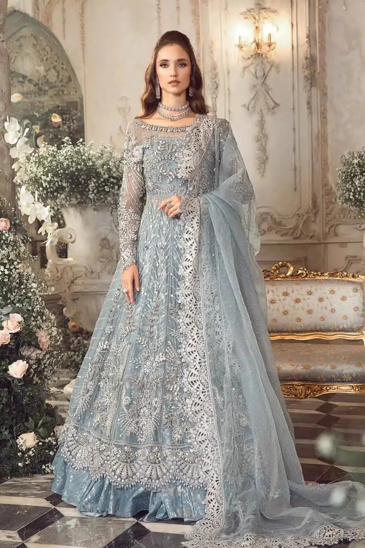 Maria B | Mbroidered Wedding Edition 23 | Ice Blue BD-2702 - Pakistani Designer Dress - by Maria B | Type: Bridal - 100% Original at Saira Sultan