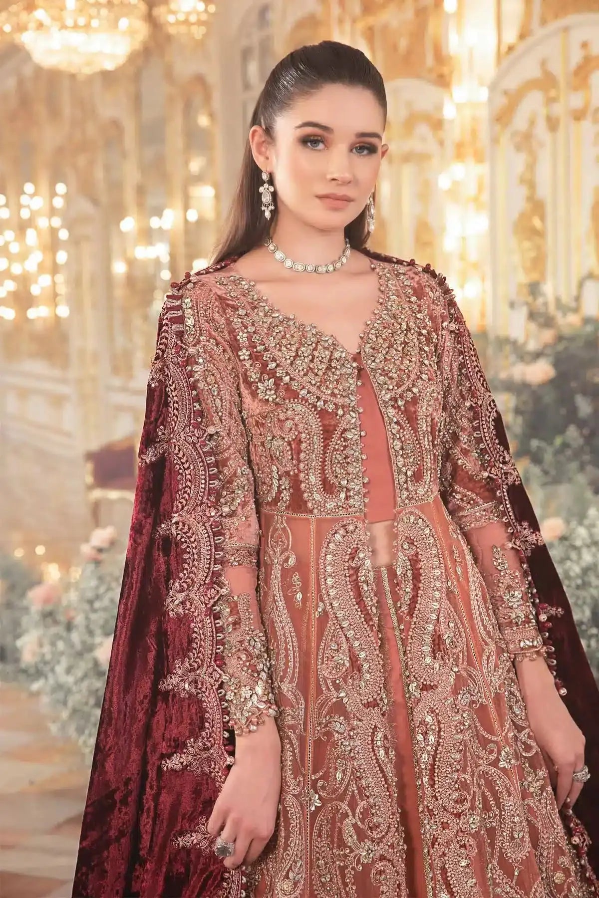 Maria B | Mbroidered Wedding Edition 23 | Salmon Pink BD-2701 - Pakistani Designer Dress - by Maria B | Type: Bridal - 100% Original at Saira Sultan