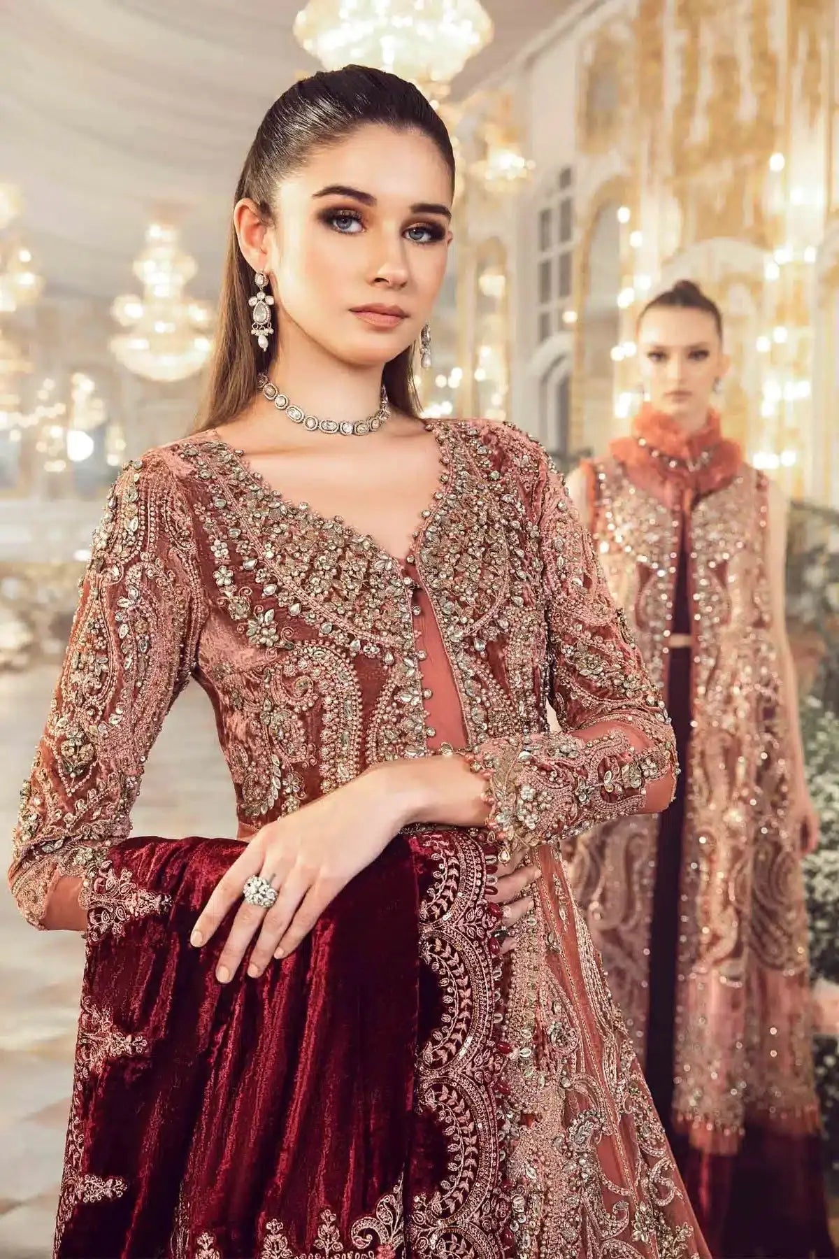 Maria B | Mbroidered Wedding Edition 23 | Salmon Pink BD-2701 - Pakistani Designer Dress - by Maria B | Type: Bridal - 100% Original at Saira Sultan