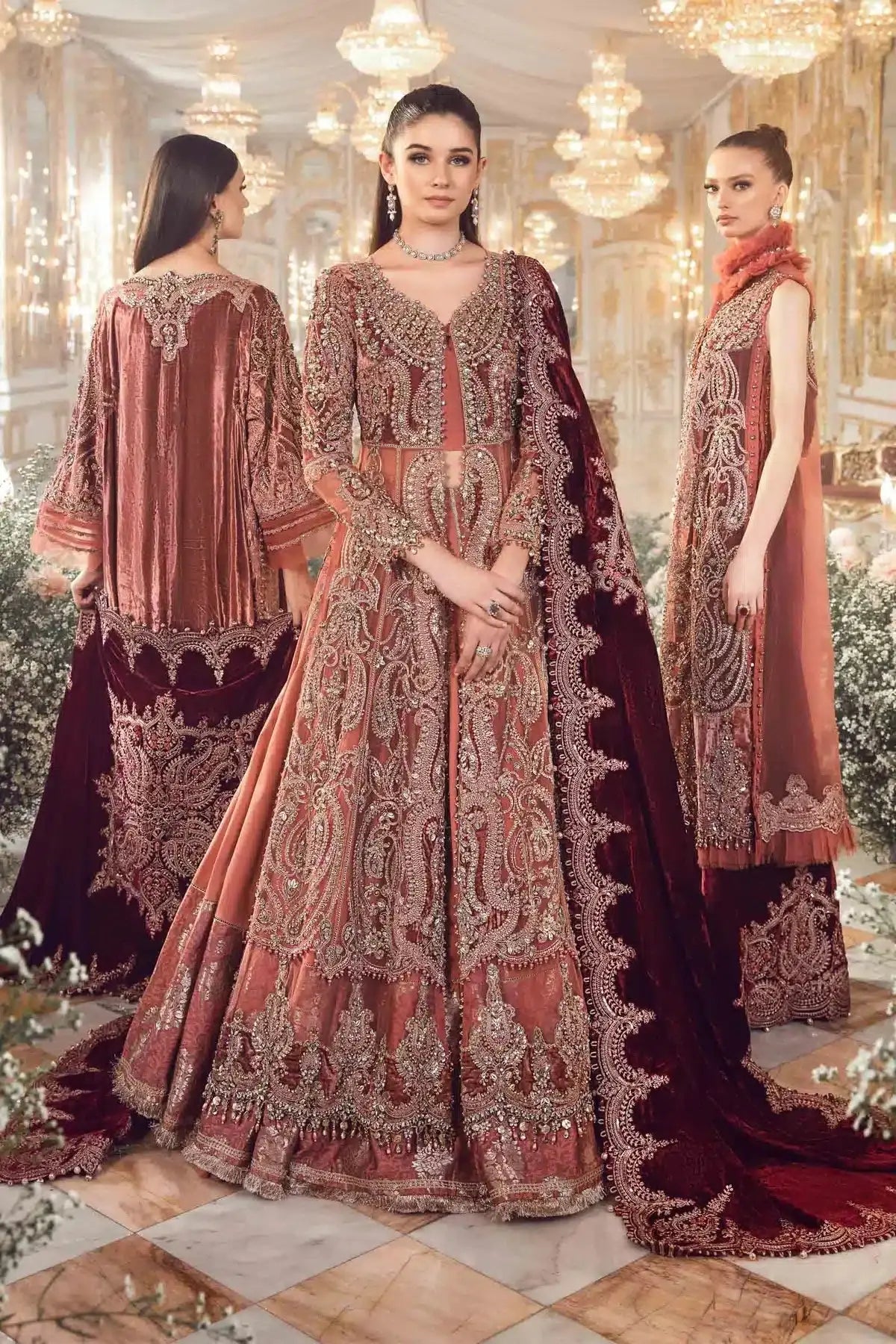 Maria B | Mbroidered Wedding Edition 23 | Salmon Pink BD-2701 - Pakistani Designer Dress - by Maria B | Type: Bridal - 100% Original at Saira Sultan