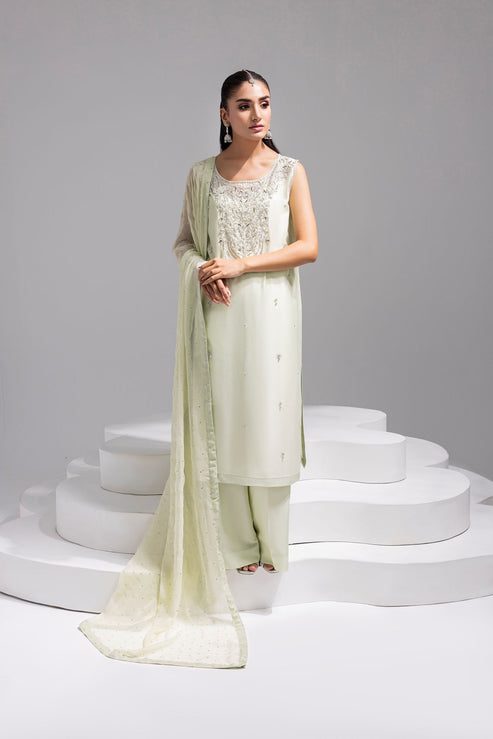 Amani | Aira Festive Wear | SOLEA Hand Embroidered Mint Butter Silk Shirt with Viscose Pants & Mukesh Dupatta - Pakistani Designer Dress - by Amani - Type : Ladies Clothes - 100% Original at Saira Sultan