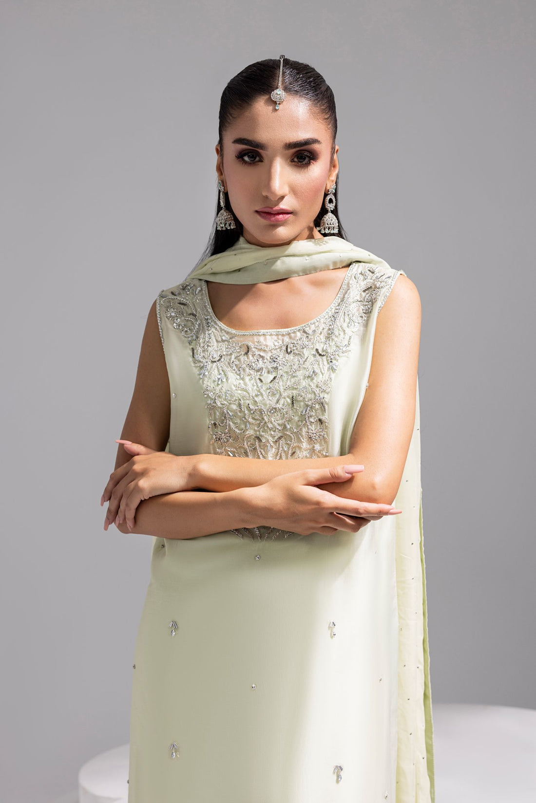 Amani | Aira Festive Wear | SOLEA Hand Embroidered Mint Butter Silk Shirt with Viscose Pants & Mukesh Dupatta - Pakistani Designer Dress - by Amani - Type : Ladies Clothes - 100% Original at Saira Sultan