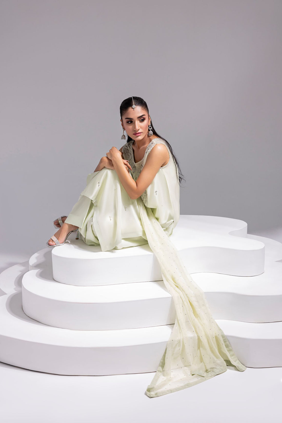 Amani | Aira Festive Wear | SOLEA Hand Embroidered Mint Butter Silk Shirt with Viscose Pants & Mukesh Dupatta - Pakistani Designer Dress - by Amani - Type : Ladies Clothes - 100% Original at Saira Sultan