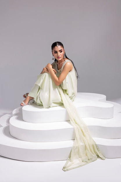 Amani | Aira Festive Wear | SOLEA Hand Embroidered Mint Butter Silk Shirt with Viscose Pants & Mukesh Dupatta - Pakistani Designer Dress - by Amani - Type : Ladies Clothes - 100% Original at Saira Sultan