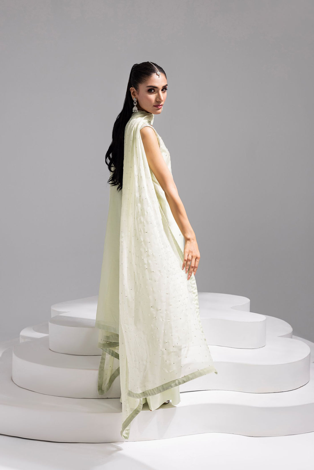 Amani | Aira Festive Wear | SOLEA Hand Embroidered Mint Butter Silk Shirt with Viscose Pants & Mukesh Dupatta - Pakistani Designer Dress - by Amani - Type : Ladies Clothes - 100% Original at Saira Sultan