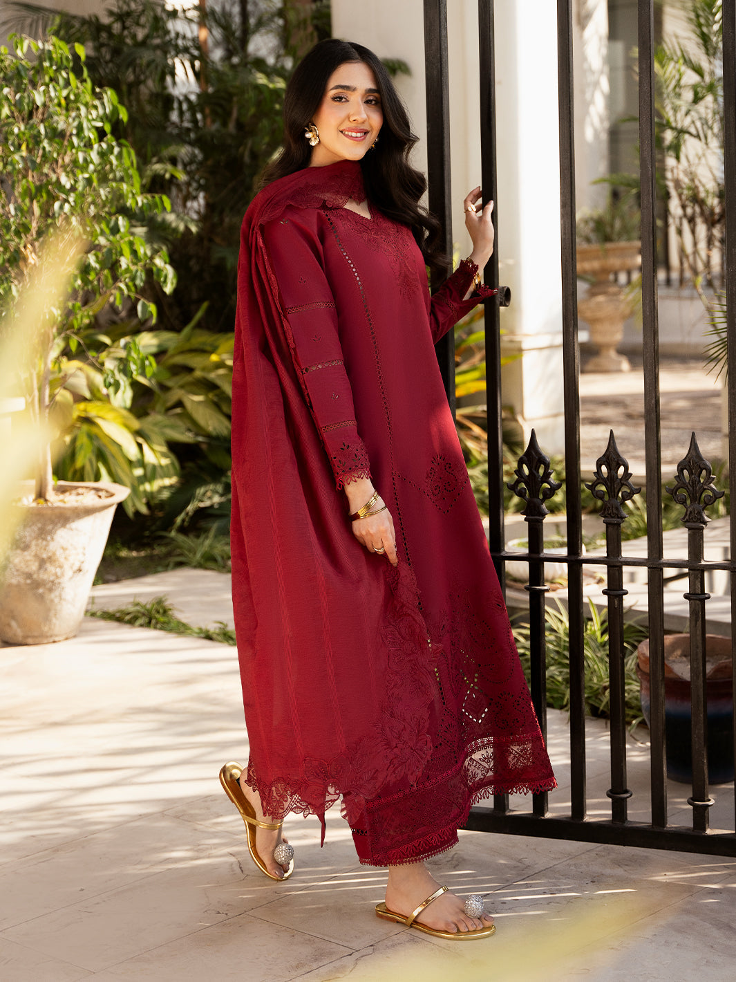 Izel | Mahveen Festive Lawn 25 | RAHMA S Deep Red Lawn