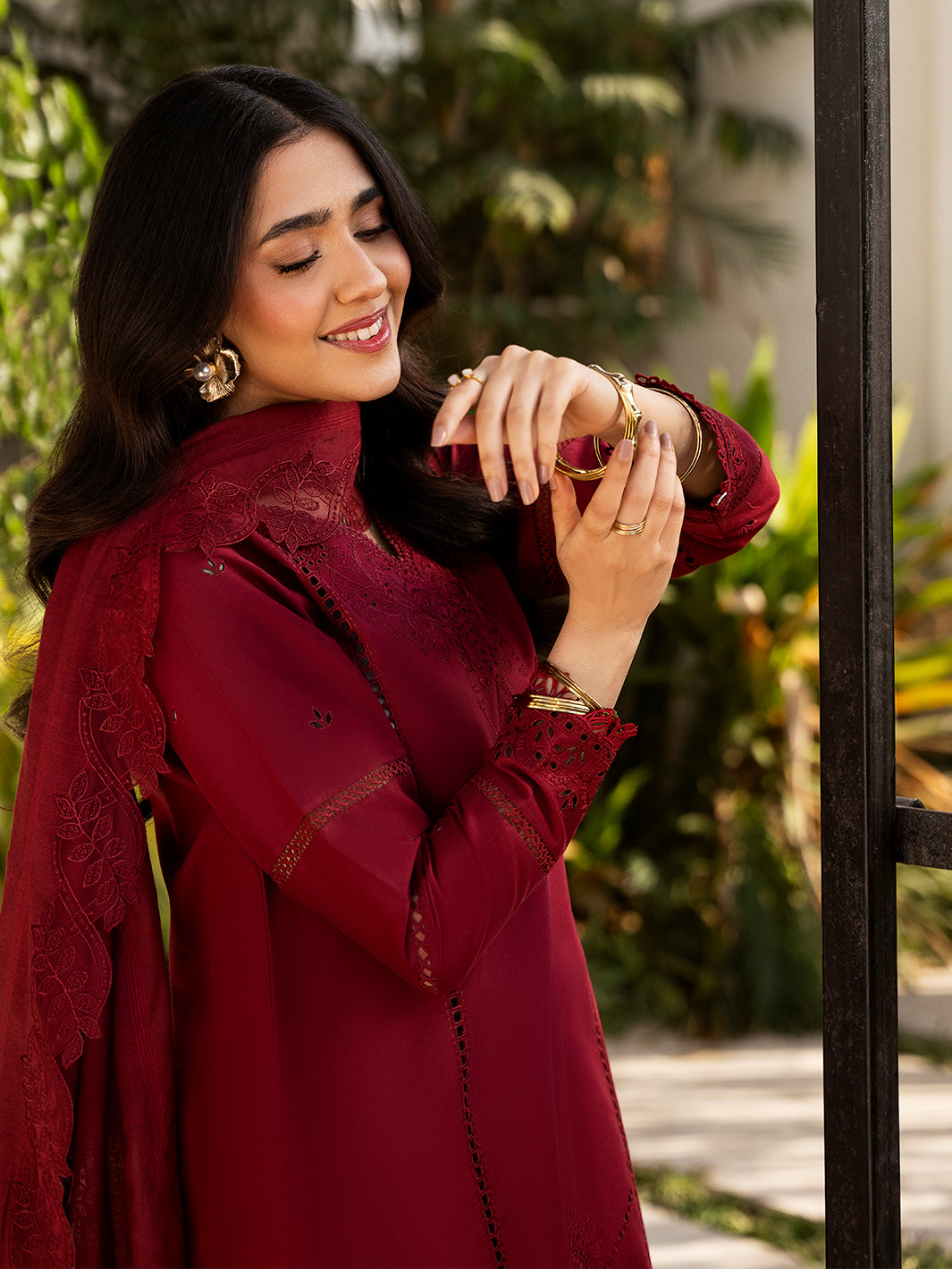 Izel | Mahveen Festive Lawn 25 | RAHMA L Deep Red Lawn