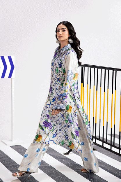 Afsanah | The Print Edit | SUMMER GLORY (extended shirt) AP-105 M Off White Silk