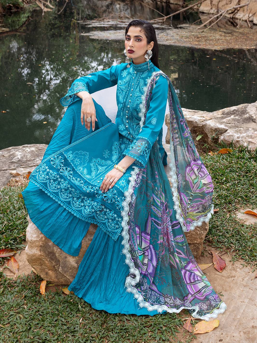 Roheenaz | Dahlia Embroidered Lawn 24 | Delphinium - Pakistani Designer Dress - by Roheenaz | Type: Luxury - 100% Original at Saira Sultan