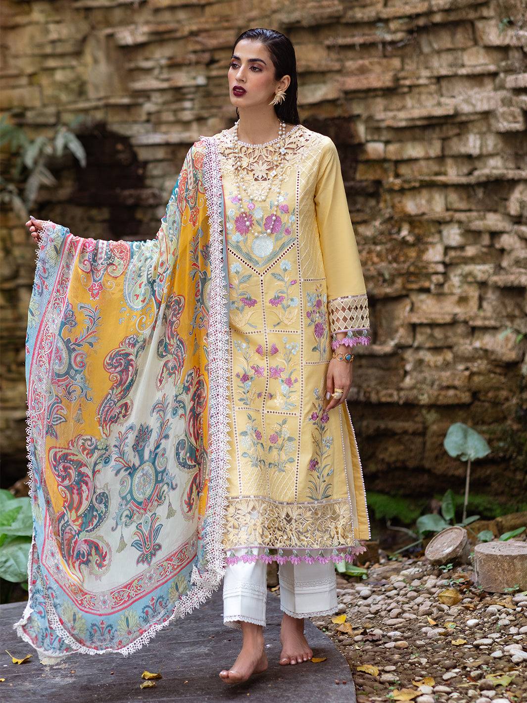 Roheenaz | Dahlia Embroidered Lawn 24 | Daffodil - Pakistani Designer Dress - by Roheenaz | Type: Luxury - 100% Original at Saira Sultan