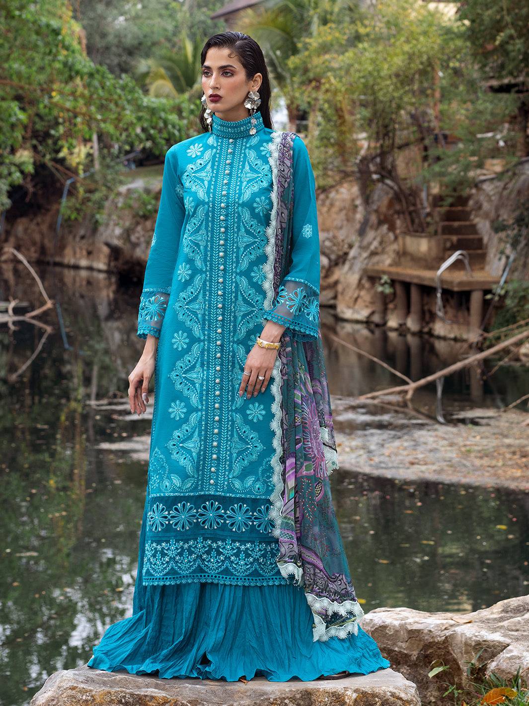Roheenaz | Dahlia Embroidered Lawn 24 | Delphinium - Pakistani Designer Dress - by Roheenaz | Type: Luxury - 100% Original at Saira Sultan