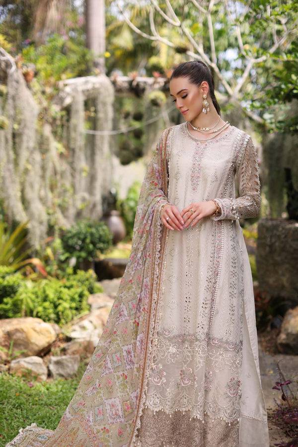 Noor by Saadia Asad | Luxury Chikankari Lawn24 | D3-B Beige Schifli - Pakistani Designer Dress - by Noor by Saadia Asad | Type: Luxury - 100% Original at Saira Sultan