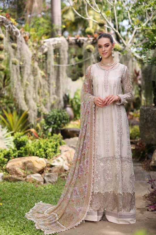 Noor by Saadia Asad | Luxury Chikankari Lawn24 | D3-B Beige Schifli - Pakistani Designer Dress - by Noor by Saadia Asad | Type: Luxury - 100% Original at Saira Sultan