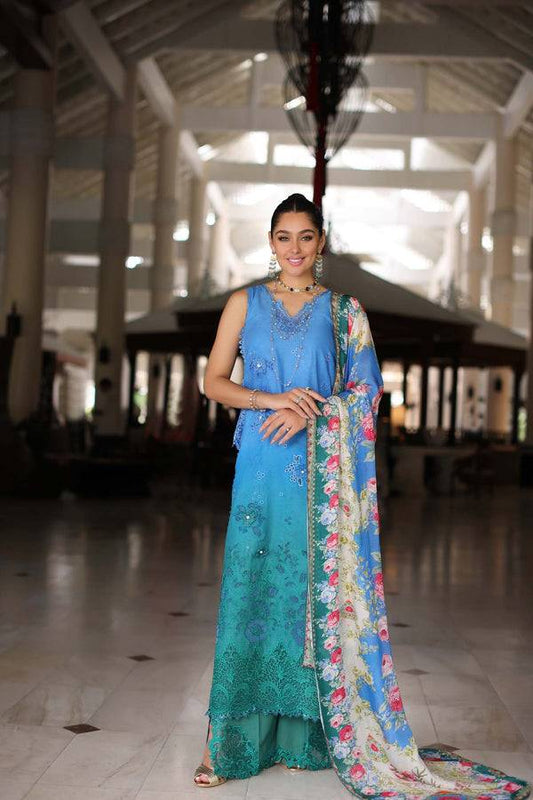 Noor by Saadia Asad | Luxury Chikankari Lawn24 | D5-B Blue Ombre - Pakistani Designer Dress - by Noor by Saadia Asad | Type: Luxury - 100% Original at Saira Sultan